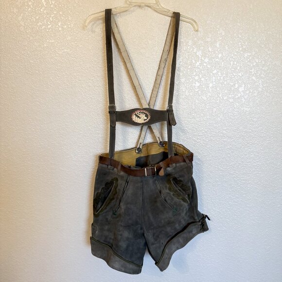 Vintage Green Suede Lederhosen Deer Crest Women's Oktoberfest Folk Costume - Picture 2 of 11